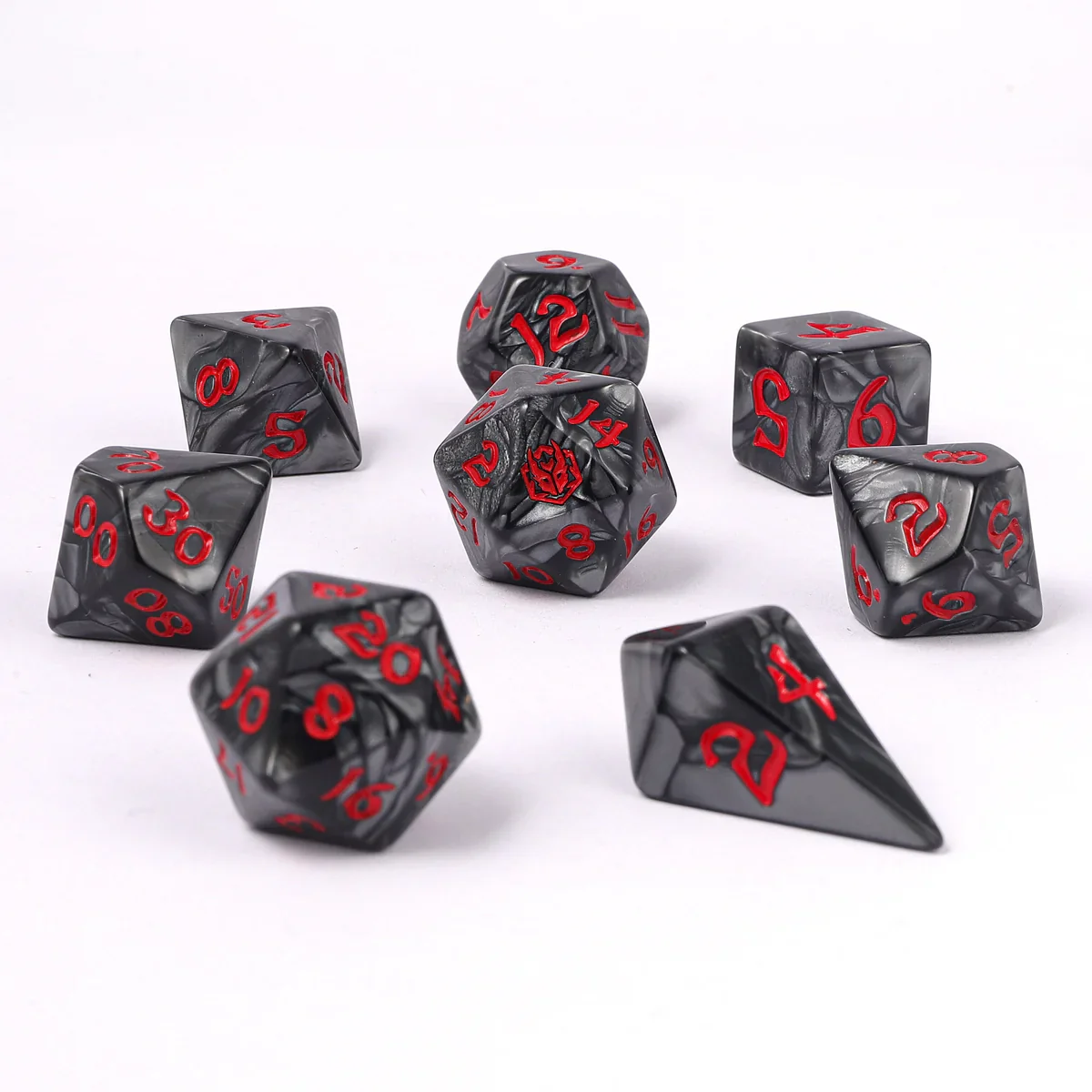Wyrmformed Rollers Iron Golem Metal Polyhedral Dice Set - 8-Piece, Grey & Red, Rounded Edge - Hymgho Dice - Image 3